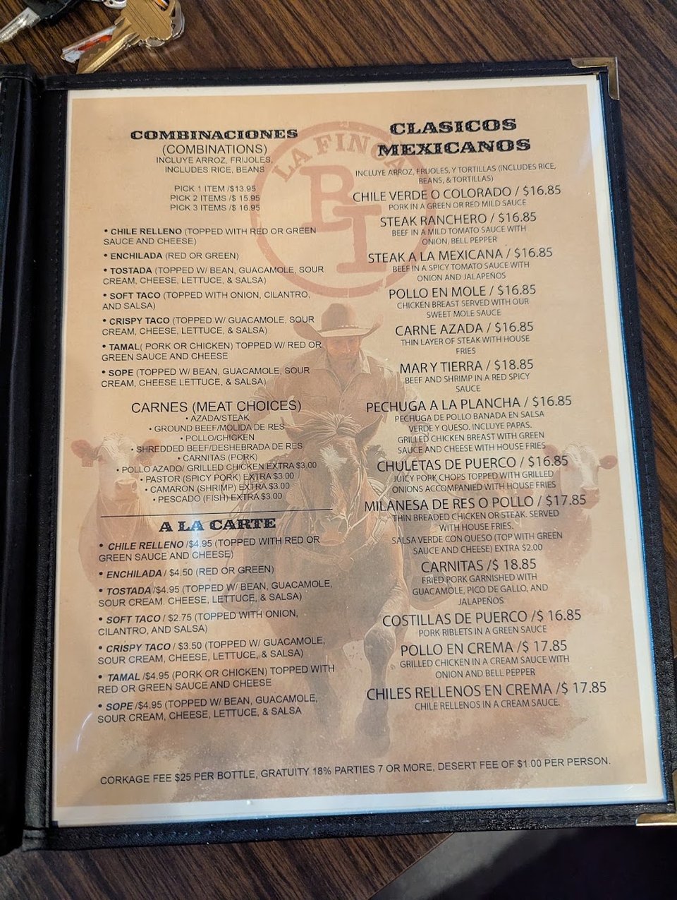 Menu board featuring Mexican classics and seafood dishes.